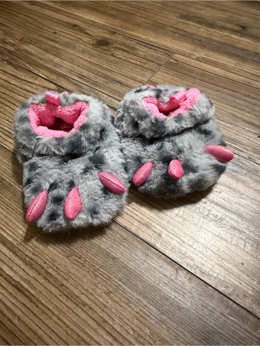 Gray and Pink Plush Monster Paw Baby Booties